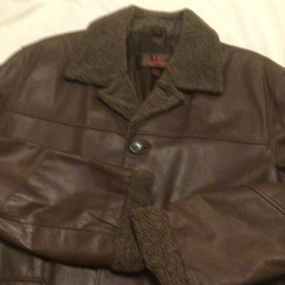 Men's Brown Leather Jacket Sherpa Colour and Trim Cart Coat Length 2XL - Picture 3 of 8
